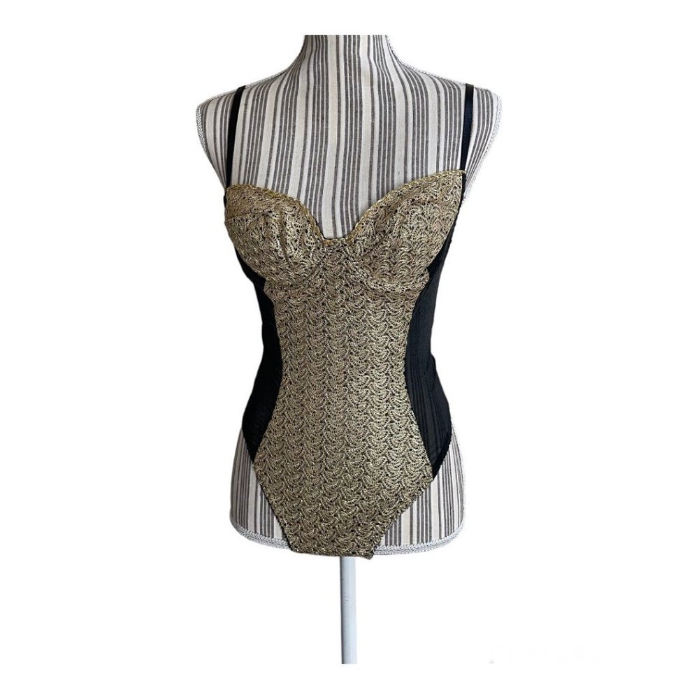 Vintage 90's Frederick's of Hollywood Gold Black Bodysuit USA Made Size M - Picture 2 of 12